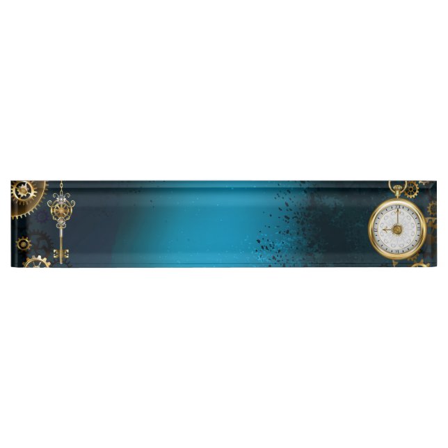 Steampunk turquoise Background with Gears Nameplate (Front)