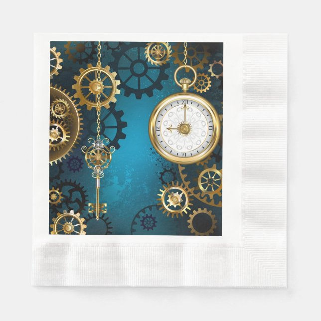 Steampunk turquoise Background with Gears Napkin (Front)