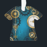 Steampunk turquoise Background with Gears Ornament<br><div class="desc">Turquoise,  textured,  steampunk background with brass and gold gears,  a silver key and the clock. Steampunk style.</div>