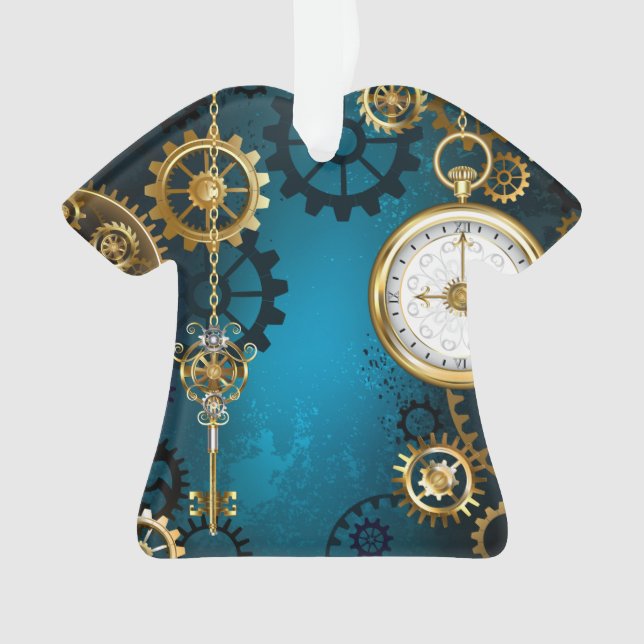 Steampunk turquoise Background with Gears Ornament (Front)