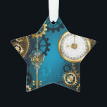 Steampunk turquoise Background with Gears Ornament<br><div class="desc">Turquoise,  textured,  steampunk background with brass and gold gears,  a silver key and the clock. Steampunk style.</div>