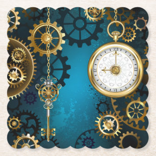 Steampunk turquoise Background with Gears Paper Coaster