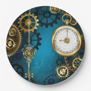 Steampunk turquoise Background with Gears Paper Plate