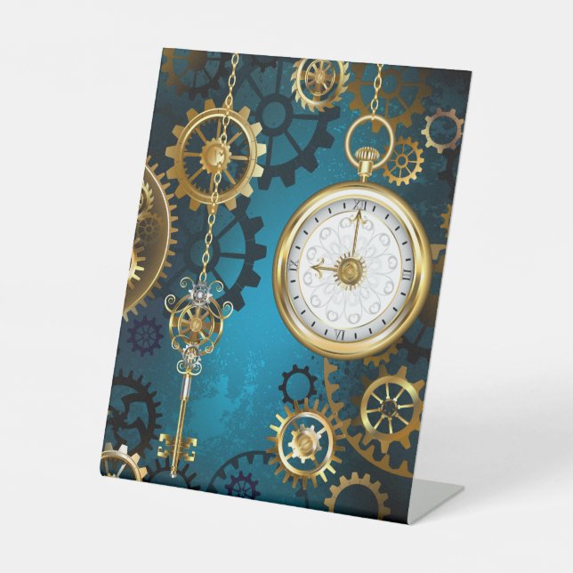Steampunk turquoise Background with Gears Pedestal Sign (Front)