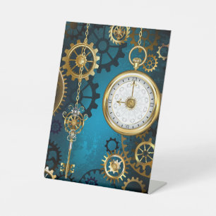 Steampunk turquoise Background with Gears Pedestal Sign