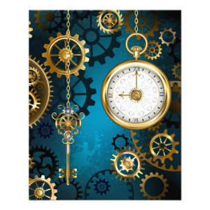 Steampunk turquoise Background with Gears Photo Print