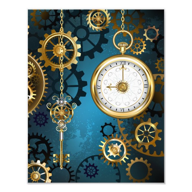 Steampunk turquoise Background with Gears Photo Print (Front)