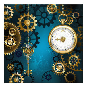 Steampunk turquoise Background with Gears Photo Print