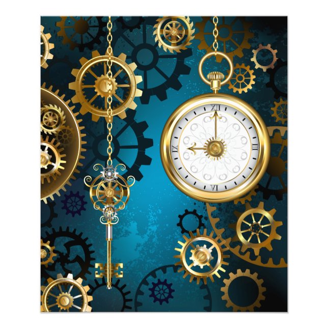 Steampunk turquoise Background with Gears Photo Print (Front)