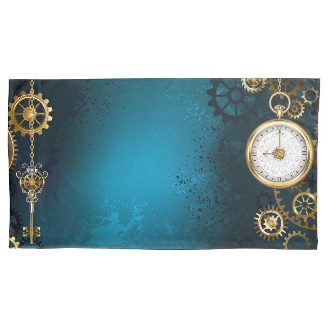 Steampunk turquoise Background with Gears Pillowcase (Front)