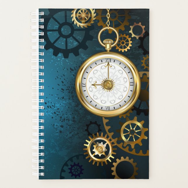 Steampunk turquoise Background with Gears Planner (Front)