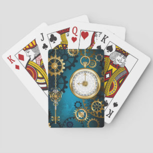 Steampunk turquoise Background with Gears Playing Cards