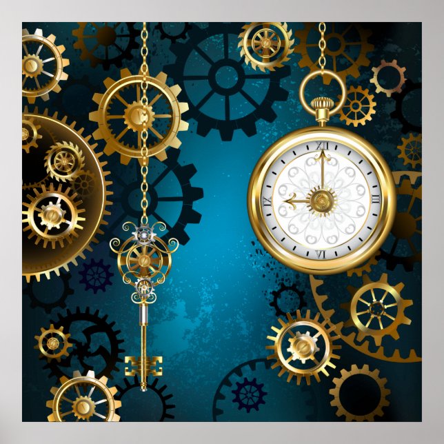 Steampunk turquoise Background with Gears Poster (Front)