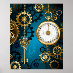 Steampunk turquoise Background with Gears Poster