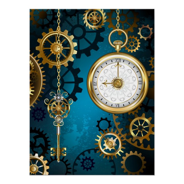 Steampunk turquoise Background with Gears Poster (Front)