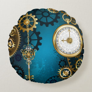 Steampunk turquoise Background with Gears Round Cushion