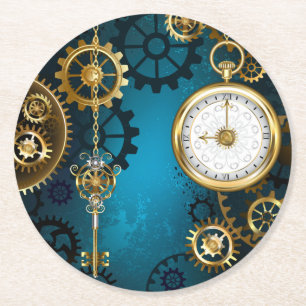 Steampunk turquoise Background with Gears Round Paper Coaster