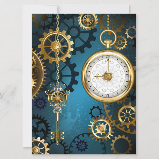 Steampunk turquoise Background with Gears Save The Date (Front)