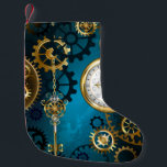 Steampunk turquoise Background with Gears Small Christmas Stocking<br><div class="desc">Turquoise,  textured,  steampunk background with brass and gold gears,  a silver key and the clock. Steampunk style.</div>