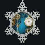 Steampunk turquoise Background with Gears Snowflake Pewter Christmas Ornament<br><div class="desc">Turquoise,  textured,  steampunk background with brass and gold gears,  a silver key and the clock. Steampunk style.</div>