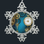 Steampunk turquoise Background with Gears Snowflake Pewter Christmas Ornament<br><div class="desc">Turquoise,  textured,  steampunk background with brass and gold gears,  a silver key and the clock. Steampunk style.</div>