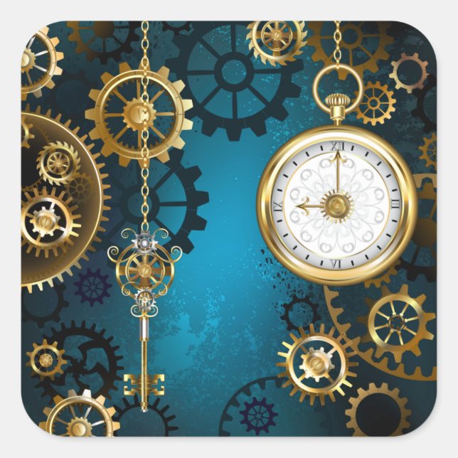 Steampunk turquoise Background with Gears Square Sticker (Front)
