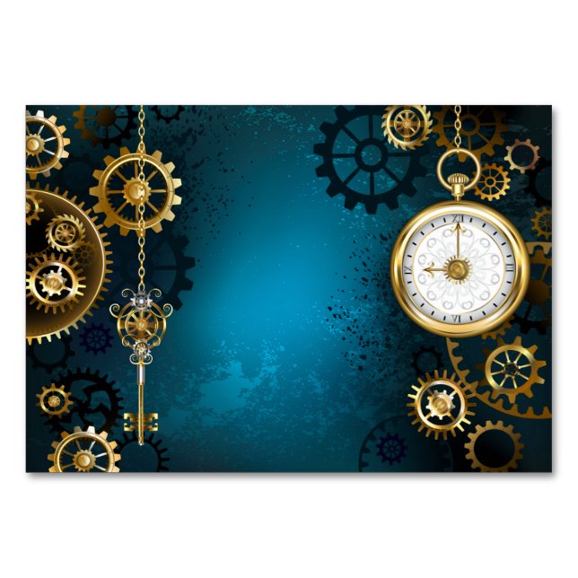 Steampunk turquoise Background with Gears Table Number (Front)