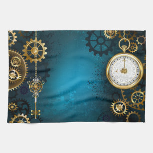 Steampunk turquoise Background with Gears Tea Towel