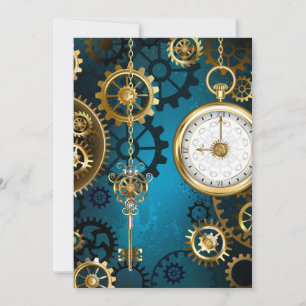 Steampunk turquoise Background with Gears Thank You Card