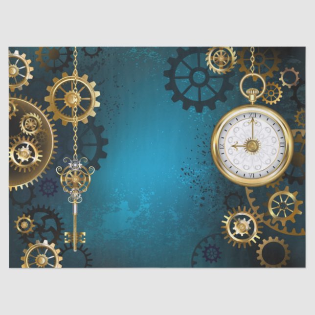 Steampunk turquoise Background with Gears Tissue Paper (Front)