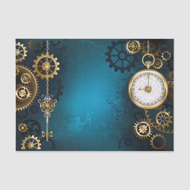 Steampunk turquoise Background with Gears Tissue Paper (Front)