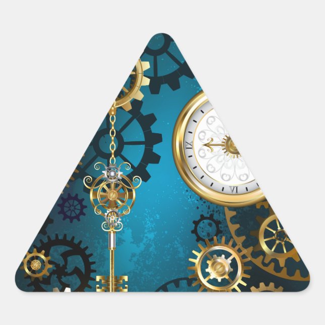 Steampunk turquoise Background with Gears Triangle Sticker (Front)
