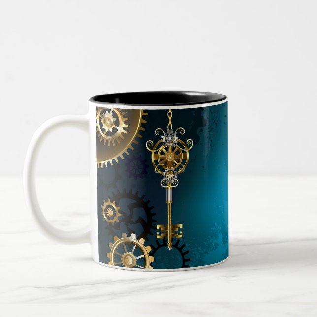Steampunk turquoise Background with Gears Two-Tone Coffee Mug (Left)