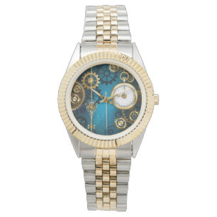 Steampunk turquoise Background with Gears Watch