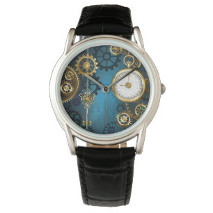 Steampunk turquoise Background with Gears Watch