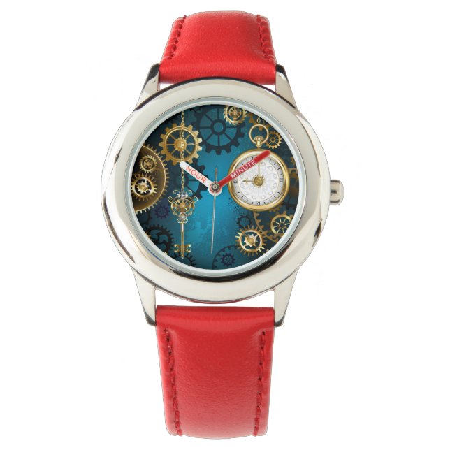 Steampunk turquoise Background with Gears Watch (Front)
