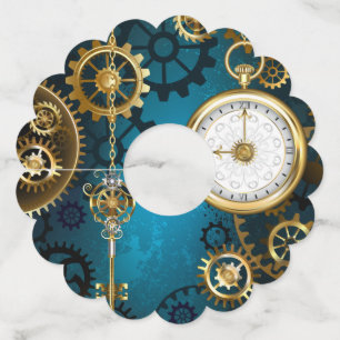 Steampunk turquoise Background with Gears Wine Glass Tag