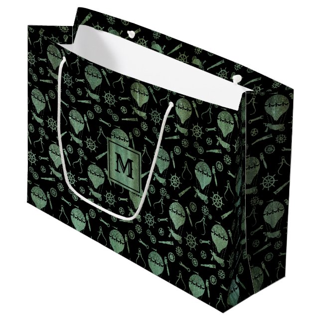 Steampunk Verdigris Balloons Monogram Block Large Gift Bag (Front Angled)