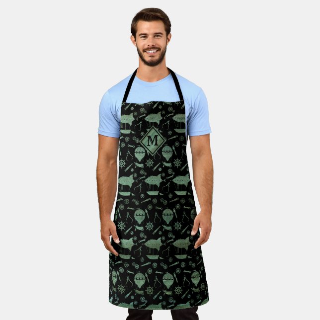 Steampunk Verdigris Bronze Airships Monogram Apron (Worn)