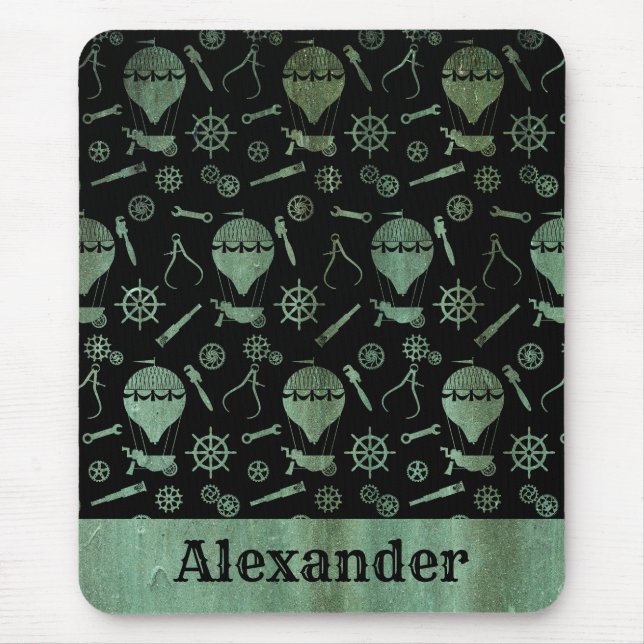 Steampunk Verdigris Bronze Balloons Custom Name Mouse Pad (Front)