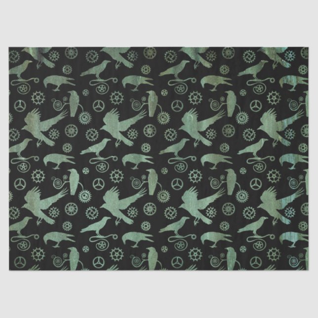 Steampunk Verdigris Bronze Gears and Crows Tissue Paper (Front)