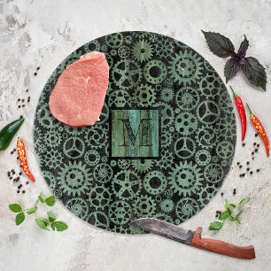 Steampunk Verdigris Bronze Gears Monogram Cutting Board