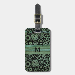 Steampunk Verdigris Bronze Gears Monogram Luggage Tag