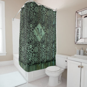 Steampunk Verdigris Bronze Gears Monogram Shower Curtain