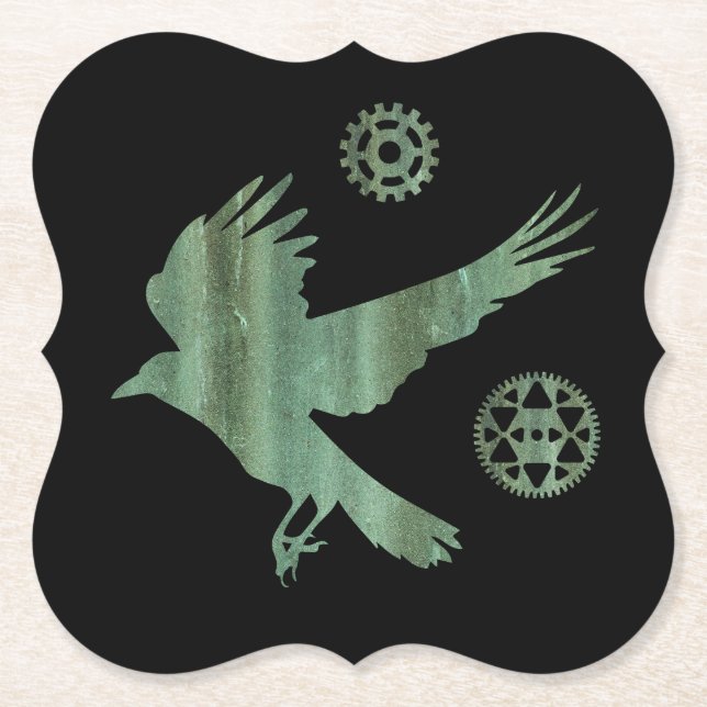 Steampunk Verdigris Flying Crow and Gears Paper Coaster (Front)