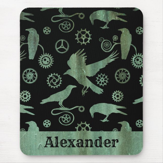 Steampunk Verdigris Gears and Crows Custom Name Mouse Pad (Front)
