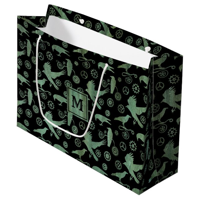 Steampunk Verdigris Gears and Crows Monogram Block Large Gift Bag (Front Angled)