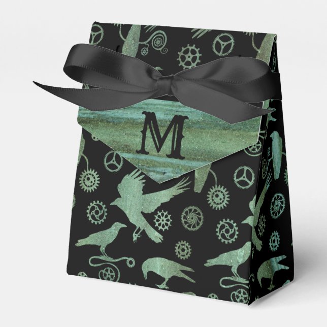 Steampunk Verdigris Gears and Crows Monogram Favour Box (Front Side)