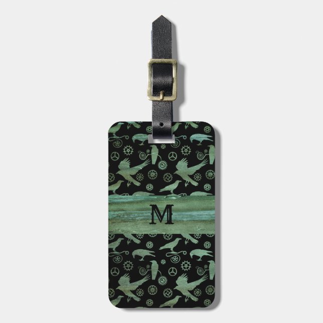Steampunk Verdigris Gears and Crows Monogram Luggage Tag (Front Vertical)