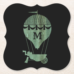 Steampunk Verdigris Hot Air Balloon Monogram Paper Coaster